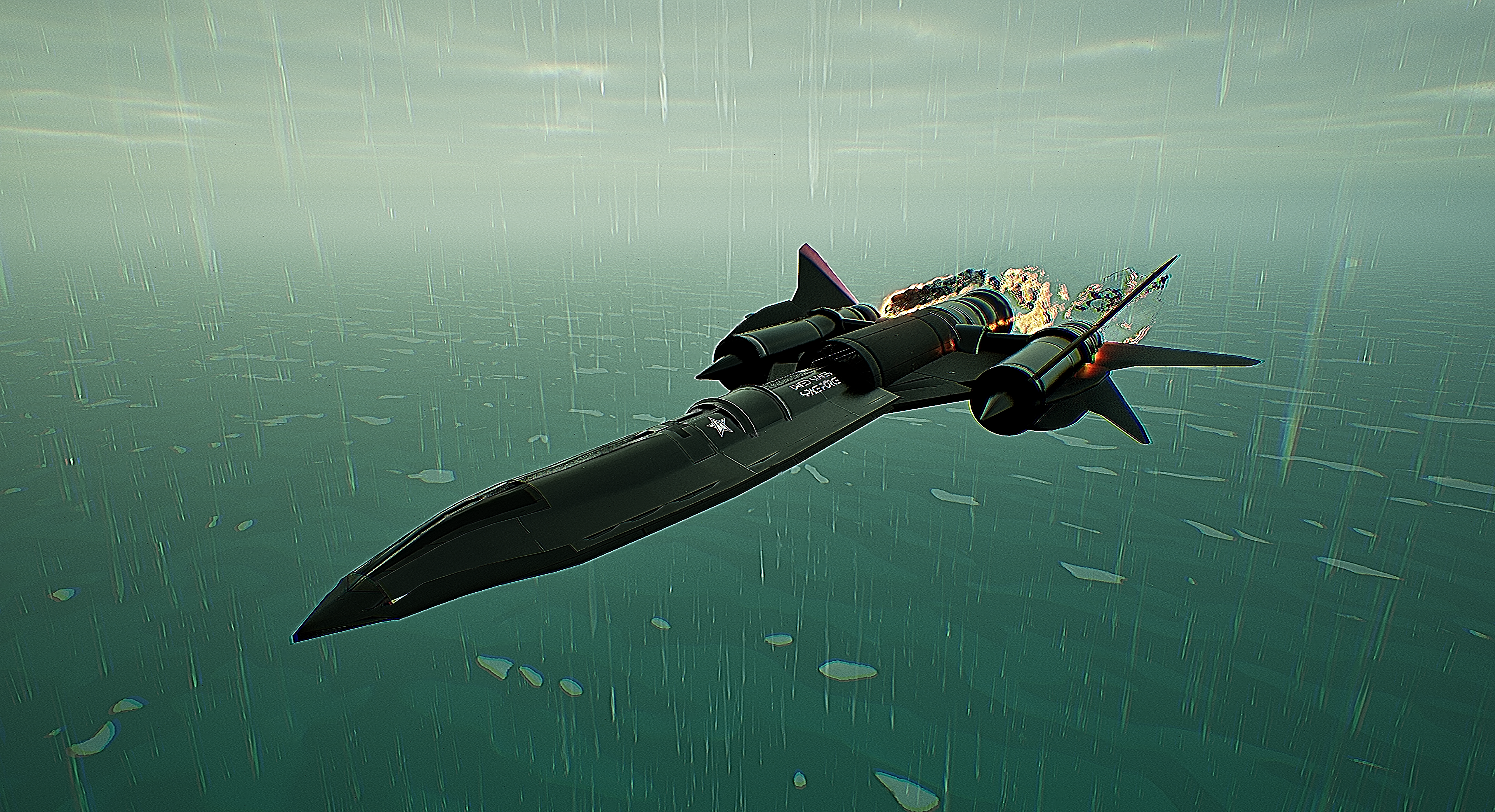 A spaceplane flying over the alien ocean of Proteus